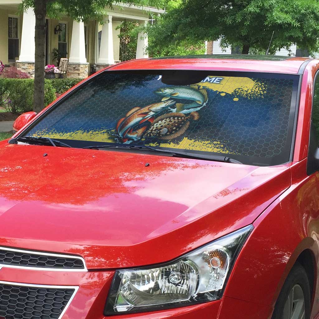 Custom Camo Redfish Auto Sun Shade with Colorful Fish Design, Yellow Splatter Pattern - Wonder Print Shop