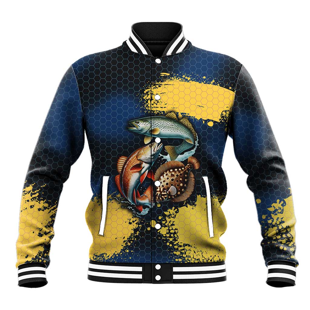 Custom Camo Redfish Baseball Jacket with Colorful Fish Design, Yellow Splatter Pattern - Wonder Print Shop