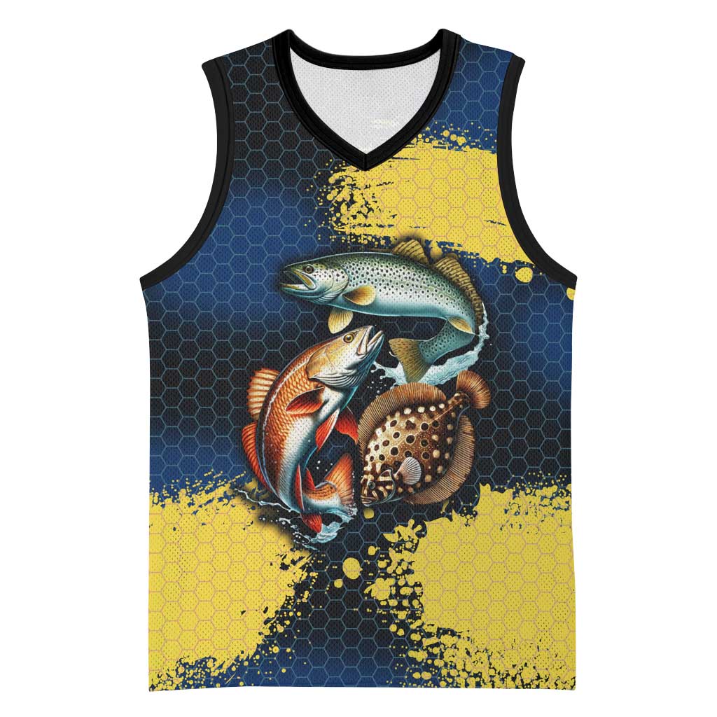Custom Camo Redfish Basketball Jersey with Colorful Fish Design, Yellow Splatter Pattern - Wonder Print Shop