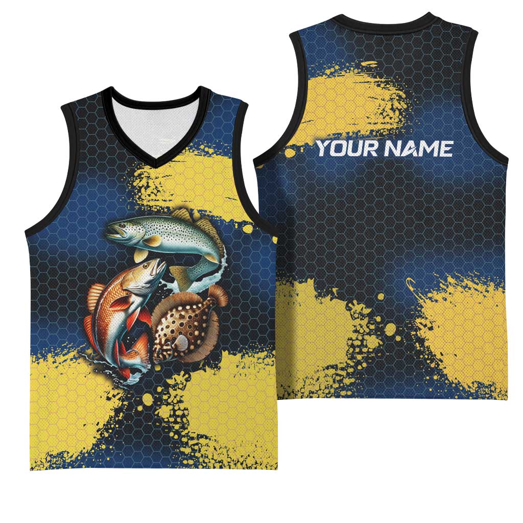Custom Camo Redfish Basketball Jersey with Colorful Fish Design, Yellow Splatter Pattern - Wonder Print Shop