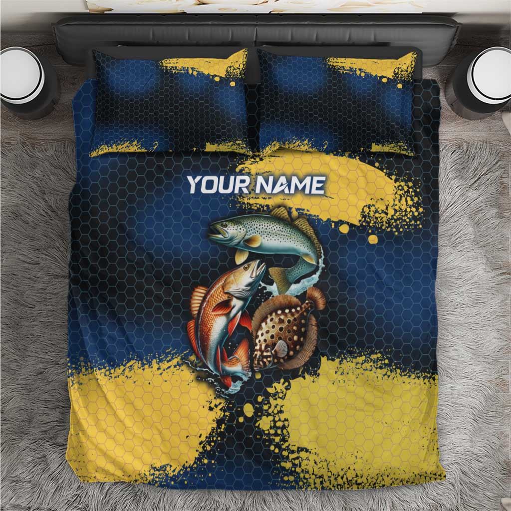 Custom Camo Redfish Bedding Set with Colorful Fish Design, Yellow Splatter Pattern - Wonder Print Shop
