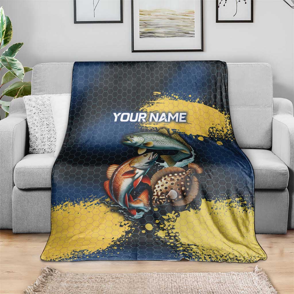 Custom Camo Redfish Blanket with Colorful Fish Design, Yellow Splatter Pattern - Wonder Print Shop