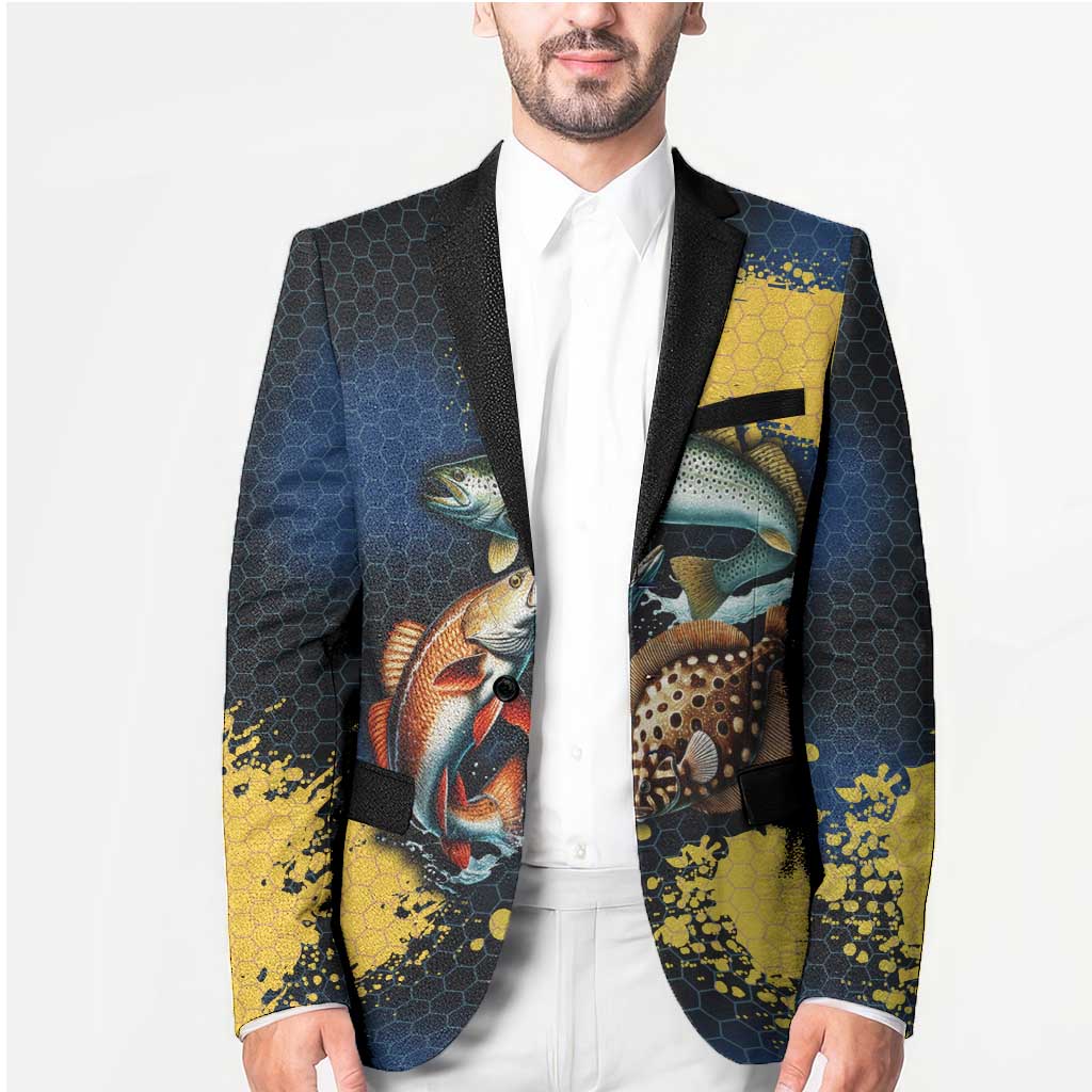 Custom Camo Redfish Blazer with Colorful Fish Design, Yellow Splatter Pattern - Wonder Print Shop