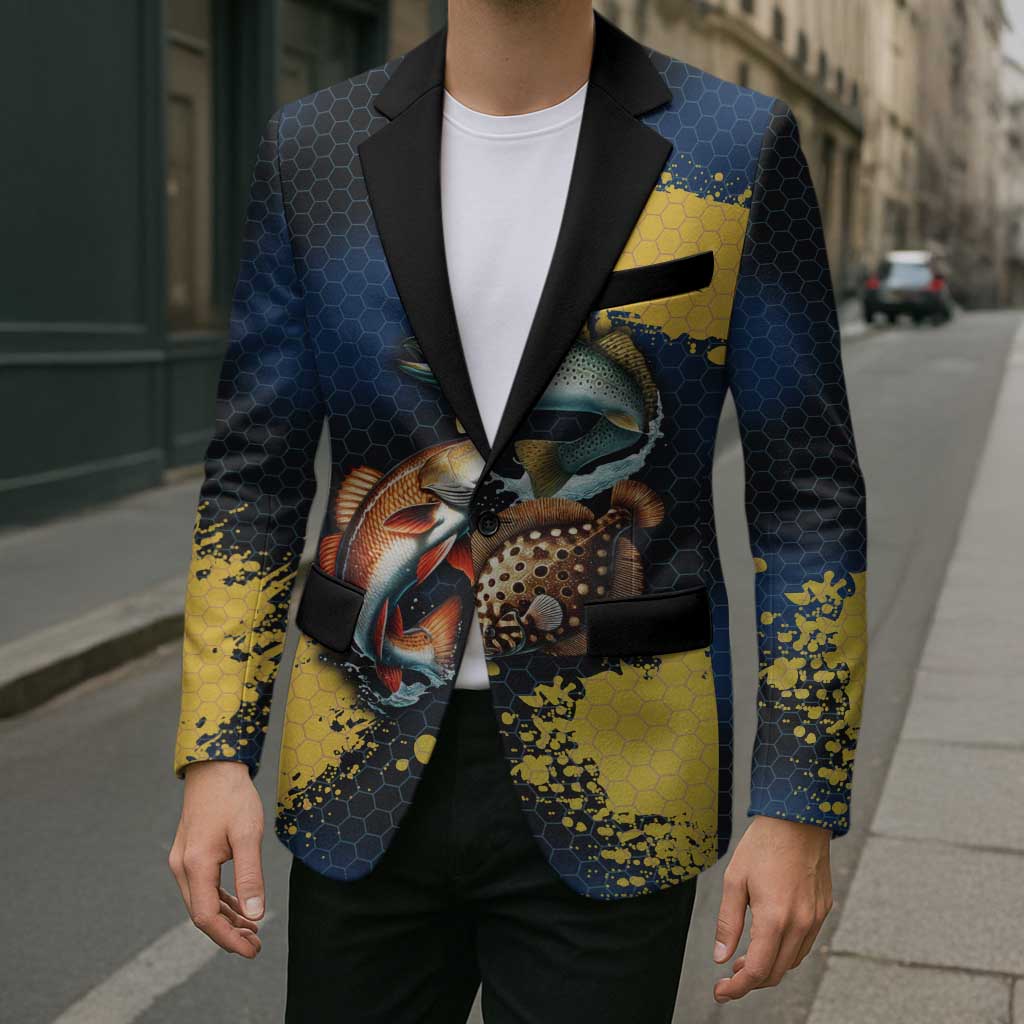 Custom Camo Redfish Blazer with Colorful Fish Design, Yellow Splatter Pattern - Wonder Print Shop