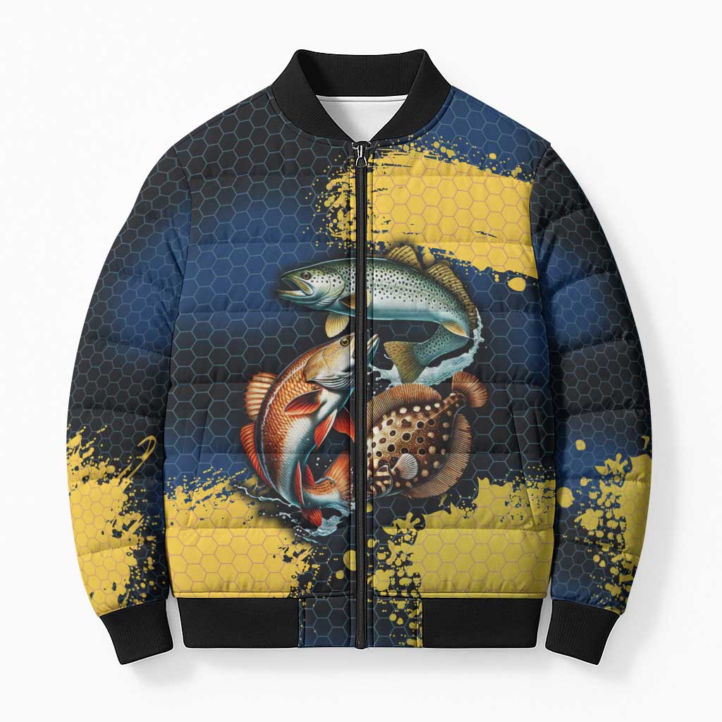Custom Camo Redfish Bomber Puffer Jacket with Colorful Fish Design, Yellow Splatter Pattern - Wonder Print Shop