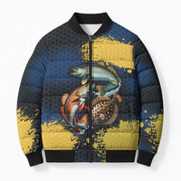 Custom Camo Redfish Bomber Puffer Jacket with Colorful Fish Design, Yellow Splatter Pattern - Wonder Print Shop