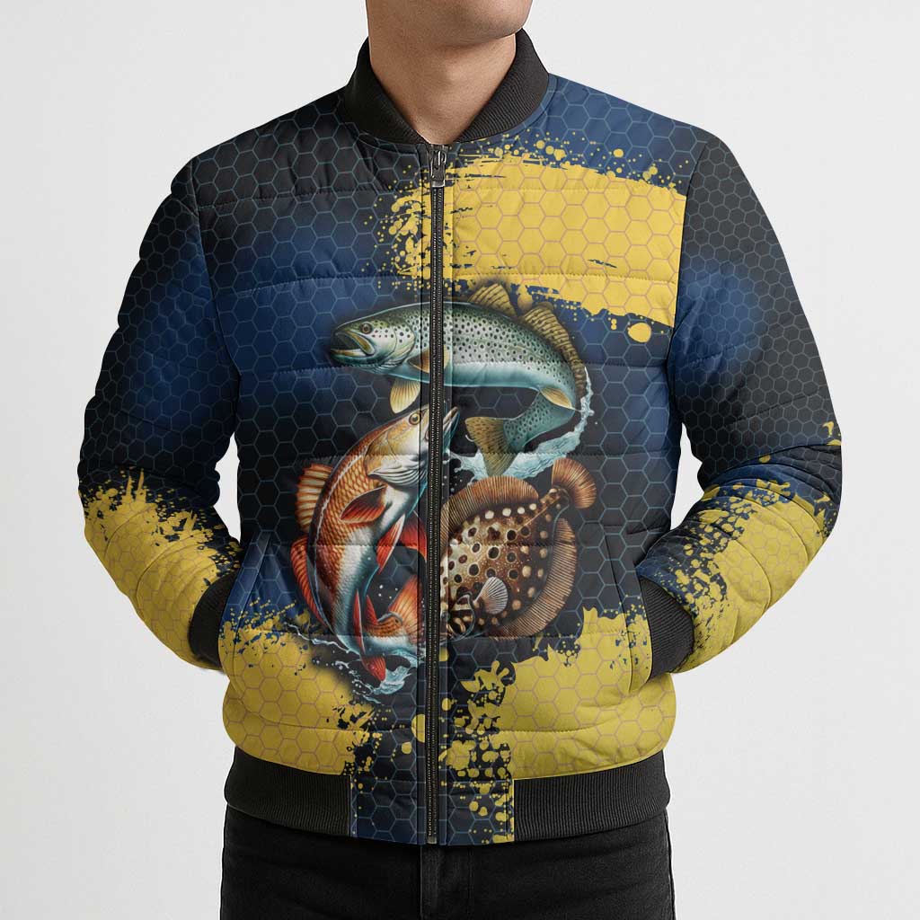 Custom Camo Redfish Bomber Puffer Jacket with Colorful Fish Design, Yellow Splatter Pattern - Wonder Print Shop