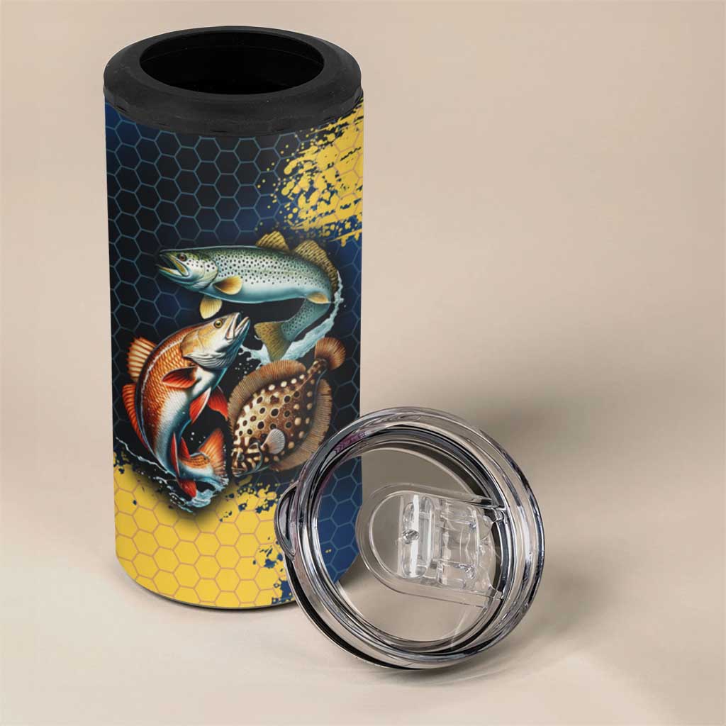 Custom Camo Redfish 4 in 1 Can Cooler Tumbler with Colorful Fish Design, Yellow Splatter Pattern - Wonder Print Shop