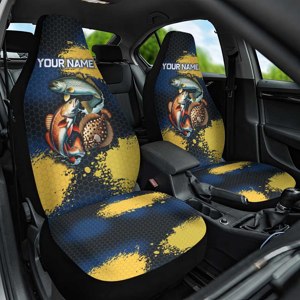 Custom Camo Redfish Car Seat Cover with Colorful Fish Design, Yellow Splatter Pattern - Wonder Print Shop