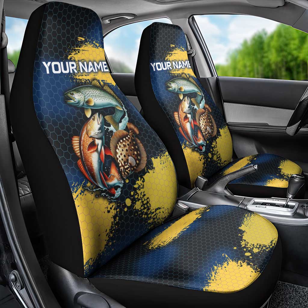 Custom Camo Redfish Car Seat Cover with Colorful Fish Design, Yellow Splatter Pattern - Wonder Print Shop