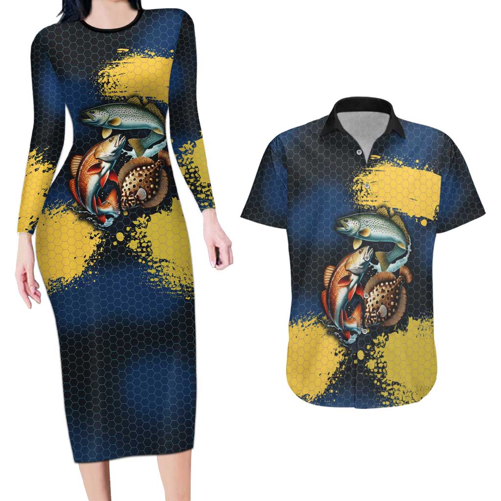 Custom Camo Redfish Couples Matching Long Sleeve Bodycon Dress and Hawaiian Shirt with Colorful Fish Design, Yellow Splatter Pattern - Wonder Print Shop