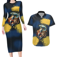 Custom Camo Redfish Couples Matching Long Sleeve Bodycon Dress and Hawaiian Shirt with Colorful Fish Design, Yellow Splatter Pattern - Wonder Print Shop