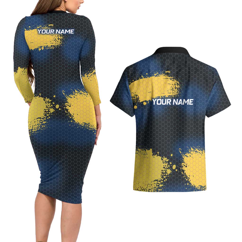 Custom Camo Redfish Couples Matching Long Sleeve Bodycon Dress and Hawaiian Shirt with Colorful Fish Design, Yellow Splatter Pattern - Wonder Print Shop