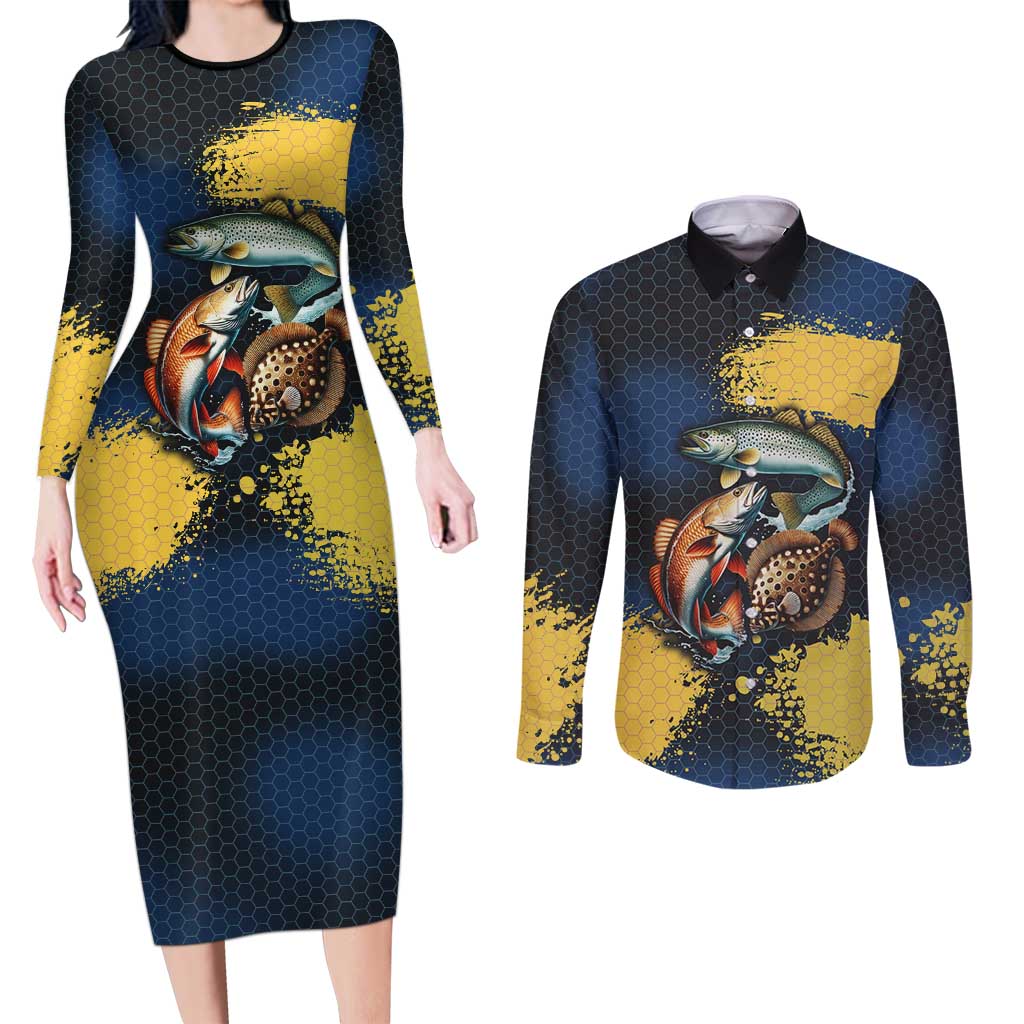 Custom Camo Redfish Couples Matching Long Sleeve Bodycon Dress and Long Sleeve Button Shirt with Colorful Fish Design, Yellow Splatter Pattern - Wonder Print Shop