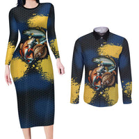 Custom Camo Redfish Couples Matching Long Sleeve Bodycon Dress and Long Sleeve Button Shirt with Colorful Fish Design, Yellow Splatter Pattern - Wonder Print Shop