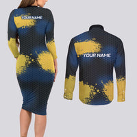 Custom Camo Redfish Couples Matching Long Sleeve Bodycon Dress and Long Sleeve Button Shirt with Colorful Fish Design, Yellow Splatter Pattern - Wonder Print Shop