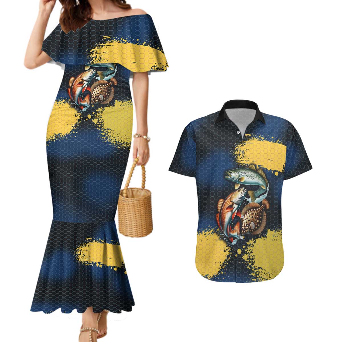 Custom Camo Redfish Couples Matching Mermaid Dress and Hawaiian Shirt with Colorful Fish Design, Yellow Splatter Pattern - Wonder Print Shop