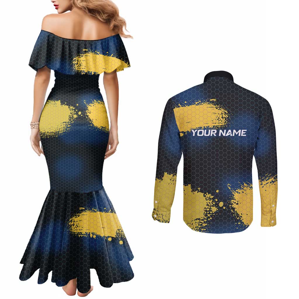 Custom Camo Redfish Couples Matching Mermaid Dress and Long Sleeve Button Shirt with Colorful Fish Design, Yellow Splatter Pattern - Wonder Print Shop