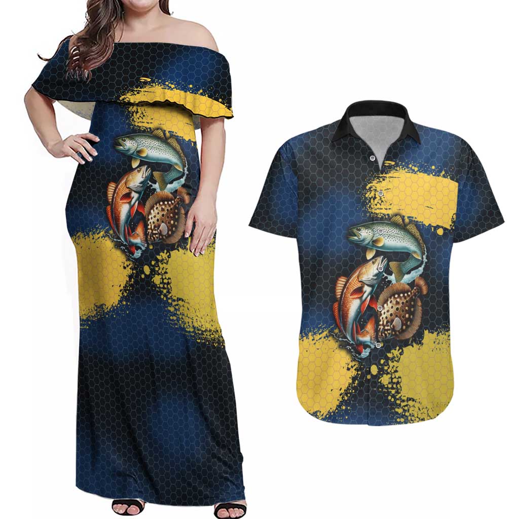 Custom Camo Redfish Couples Matching Off Shoulder Maxi Dress and Hawaiian Shirt with Colorful Fish Design, Yellow Splatter Pattern - Wonder Print Shop