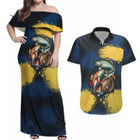Custom Camo Redfish Couples Matching Off Shoulder Maxi Dress and Hawaiian Shirt with Colorful Fish Design, Yellow Splatter Pattern - Wonder Print Shop