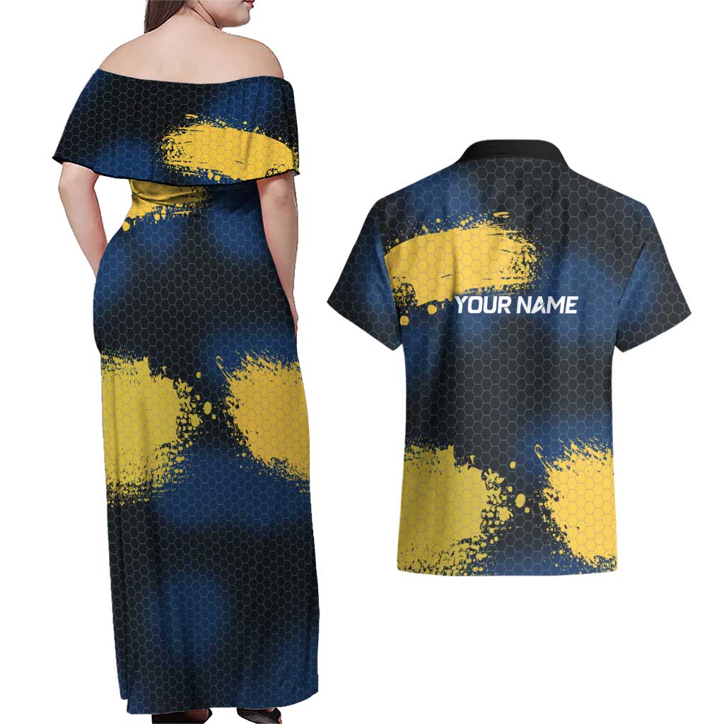 Custom Camo Redfish Couples Matching Off Shoulder Maxi Dress and Hawaiian Shirt with Colorful Fish Design, Yellow Splatter Pattern - Wonder Print Shop