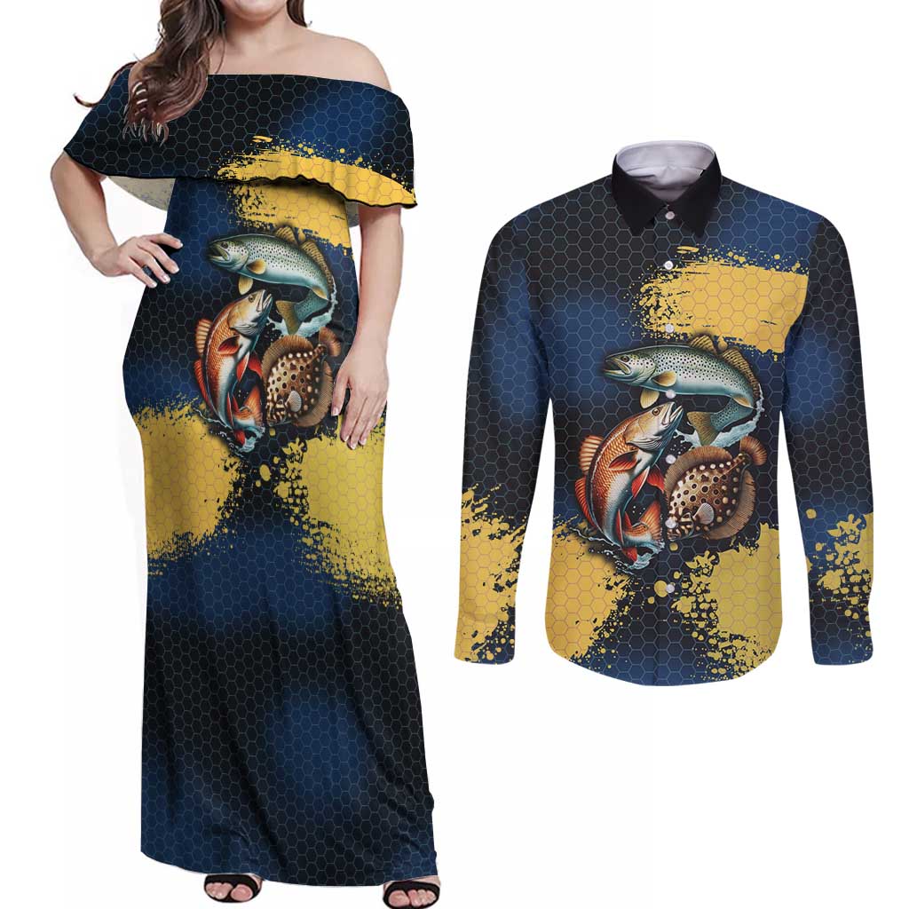 Custom Camo Redfish Couples Matching Off Shoulder Maxi Dress and Long Sleeve Button Shirt with Colorful Fish Design, Yellow Splatter Pattern - Wonder Print Shop