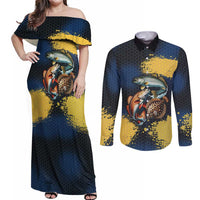 Custom Camo Redfish Couples Matching Off Shoulder Maxi Dress and Long Sleeve Button Shirt with Colorful Fish Design, Yellow Splatter Pattern - Wonder Print Shop