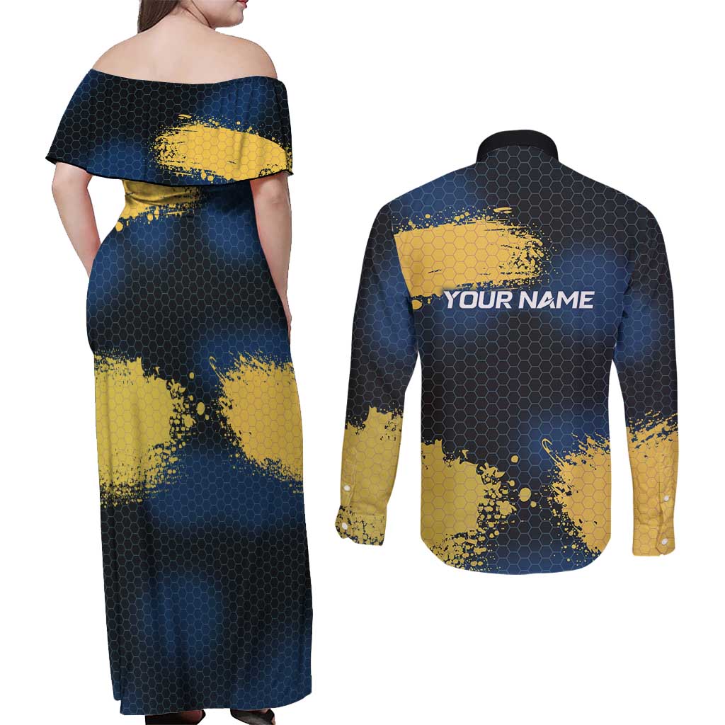 Custom Camo Redfish Couples Matching Off Shoulder Maxi Dress and Long Sleeve Button Shirt with Colorful Fish Design, Yellow Splatter Pattern - Wonder Print Shop
