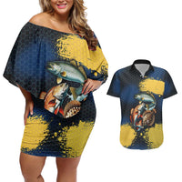 Custom Camo Redfish Couples Matching Off Shoulder Short Dress and Hawaiian Shirt with Colorful Fish Design, Yellow Splatter Pattern - Wonder Print Shop