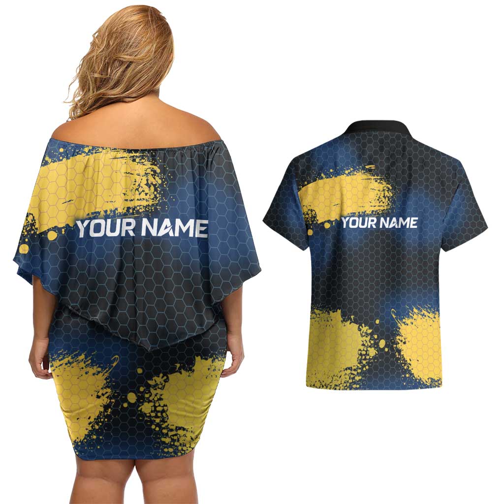 Custom Camo Redfish Couples Matching Off Shoulder Short Dress and Hawaiian Shirt with Colorful Fish Design, Yellow Splatter Pattern - Wonder Print Shop