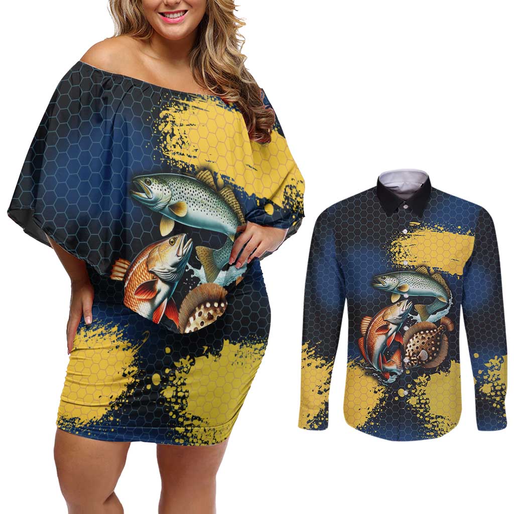 Custom Camo Redfish Couples Matching Off Shoulder Short Dress and Long Sleeve Button Shirt with Colorful Fish Design, Yellow Splatter Pattern - Wonder Print Shop