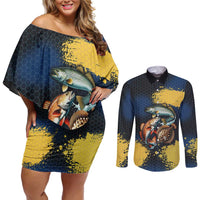 Custom Camo Redfish Couples Matching Off Shoulder Short Dress and Long Sleeve Button Shirt with Colorful Fish Design, Yellow Splatter Pattern - Wonder Print Shop