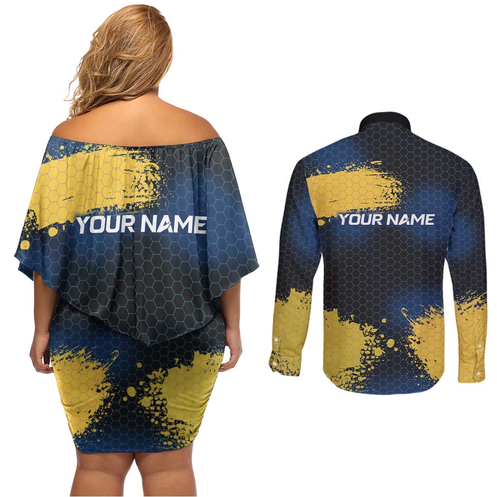 Custom Camo Redfish Couples Matching Off Shoulder Short Dress and Long Sleeve Button Shirt with Colorful Fish Design, Yellow Splatter Pattern - Wonder Print Shop