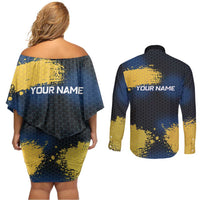 Custom Camo Redfish Couples Matching Off Shoulder Short Dress and Long Sleeve Button Shirt with Colorful Fish Design, Yellow Splatter Pattern - Wonder Print Shop