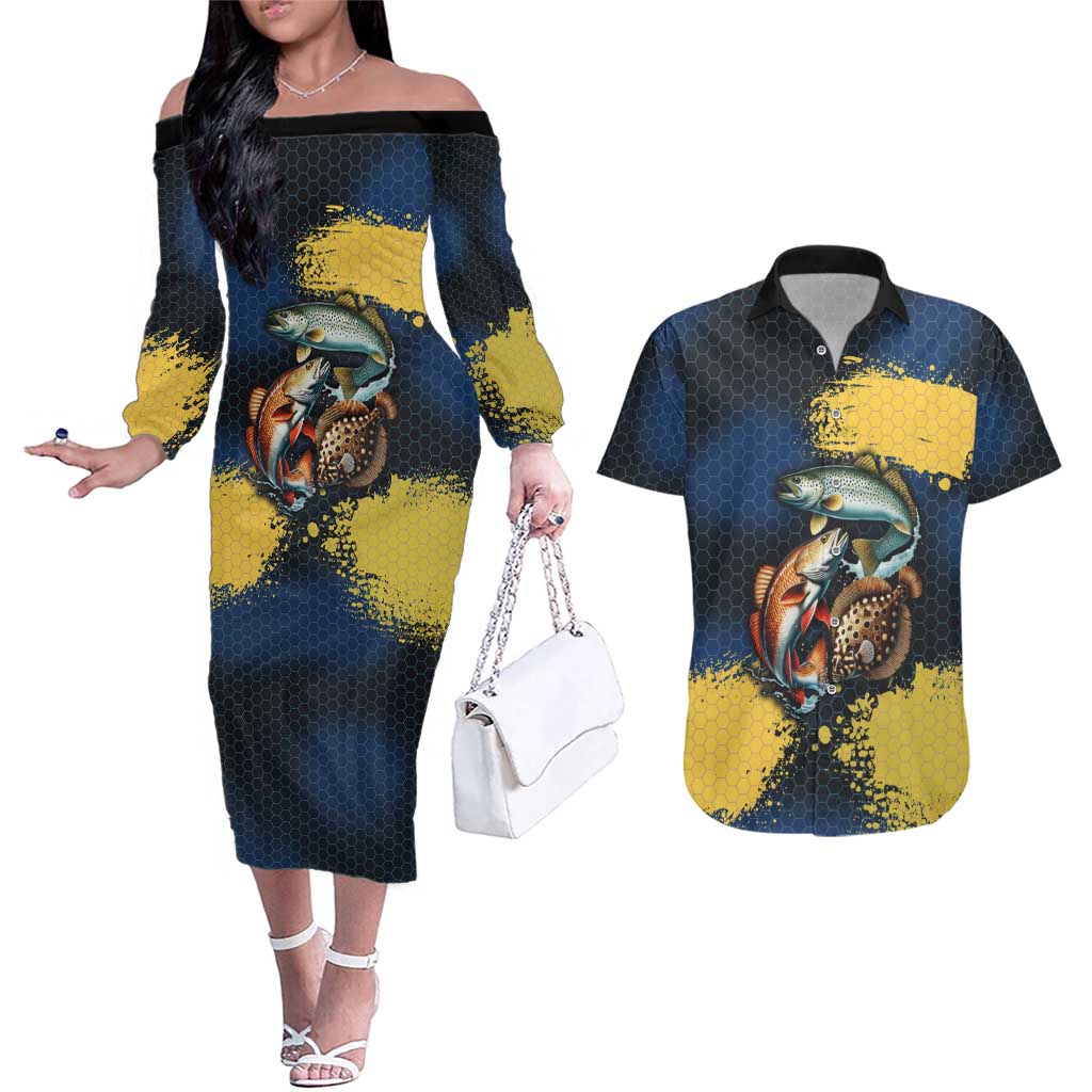 Custom Camo Redfish Couples Matching Off The Shoulder Long Sleeve Dress and Hawaiian Shirt with Colorful Fish Design, Yellow Splatter Pattern - Wonder Print Shop