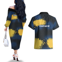 Custom Camo Redfish Couples Matching Off The Shoulder Long Sleeve Dress and Hawaiian Shirt with Colorful Fish Design, Yellow Splatter Pattern - Wonder Print Shop