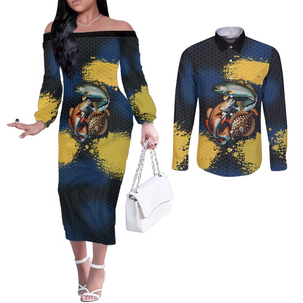 Custom Camo Redfish Couples Matching Off The Shoulder Long Sleeve Dress and Long Sleeve Button Shirt with Colorful Fish Design, Yellow Splatter Pattern - Wonder Print Shop