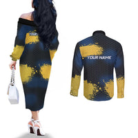 Custom Camo Redfish Couples Matching Off The Shoulder Long Sleeve Dress and Long Sleeve Button Shirt with Colorful Fish Design, Yellow Splatter Pattern - Wonder Print Shop