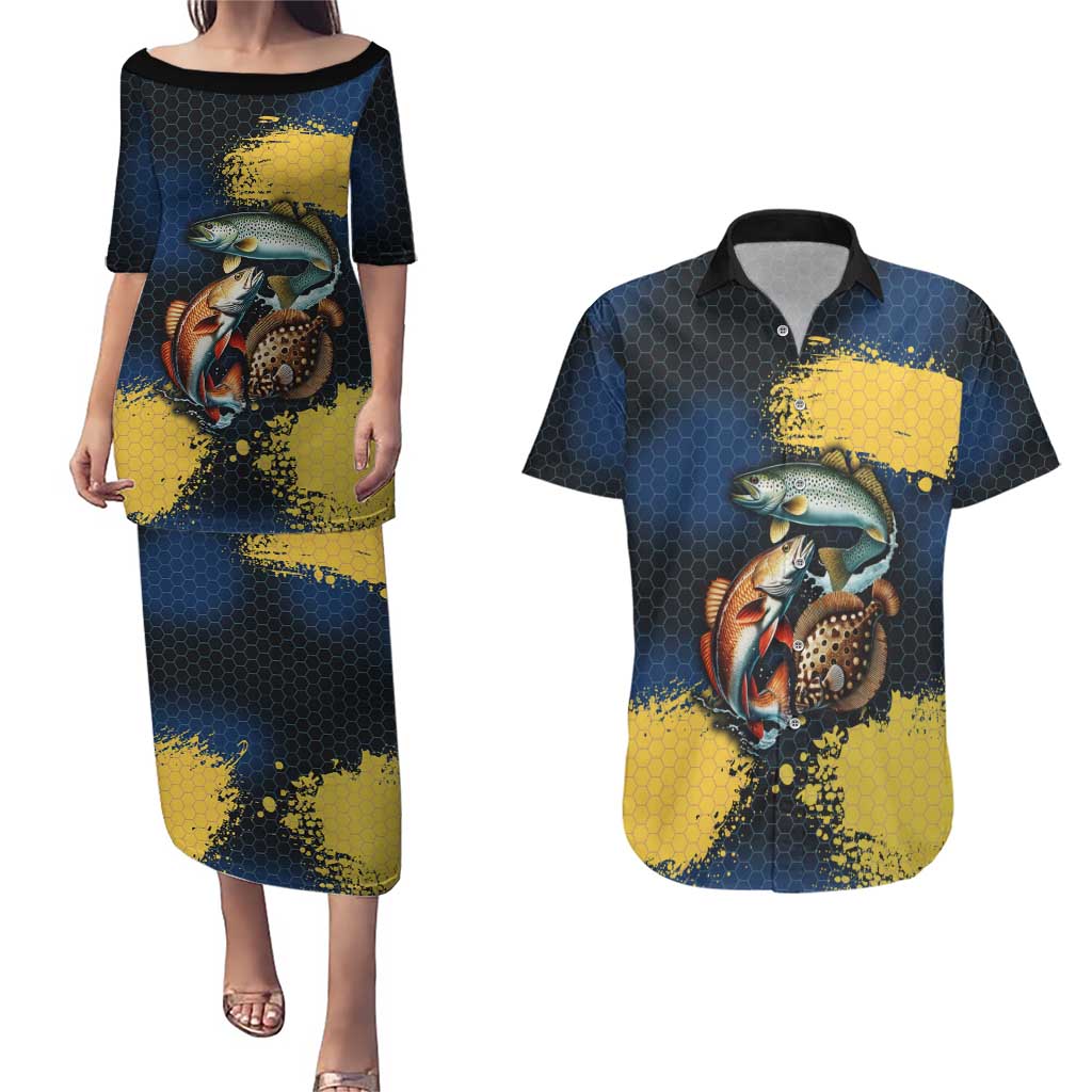 Custom Camo Redfish Couples Matching Puletasi and Hawaiian Shirt with Colorful Fish Design, Yellow Splatter Pattern - Wonder Print Shop