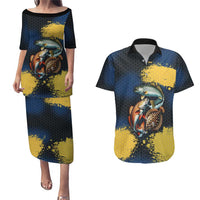Custom Camo Redfish Couples Matching Puletasi and Hawaiian Shirt with Colorful Fish Design, Yellow Splatter Pattern - Wonder Print Shop