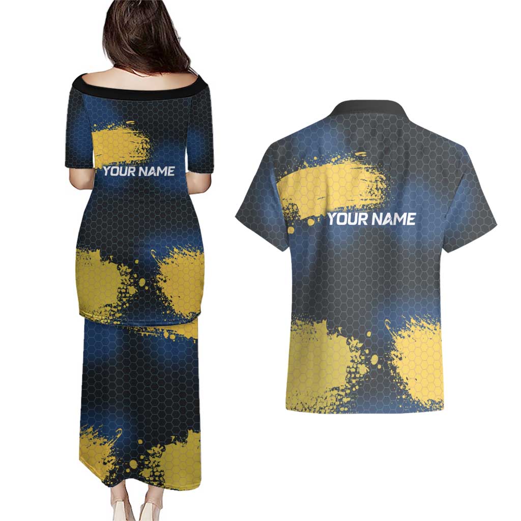 Custom Camo Redfish Couples Matching Puletasi and Hawaiian Shirt with Colorful Fish Design, Yellow Splatter Pattern - Wonder Print Shop