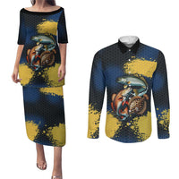 Custom Camo Redfish Couples Matching Puletasi and Long Sleeve Button Shirt with Colorful Fish Design, Yellow Splatter Pattern - Wonder Print Shop