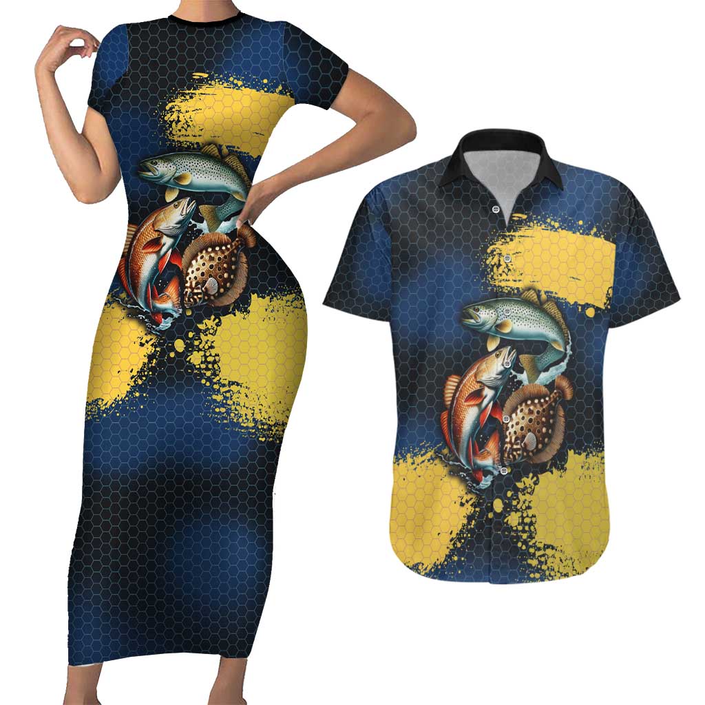 Custom Camo Redfish Couples Matching Short Sleeve Bodycon Dress and Hawaiian Shirt with Colorful Fish Design, Yellow Splatter Pattern - Wonder Print Shop