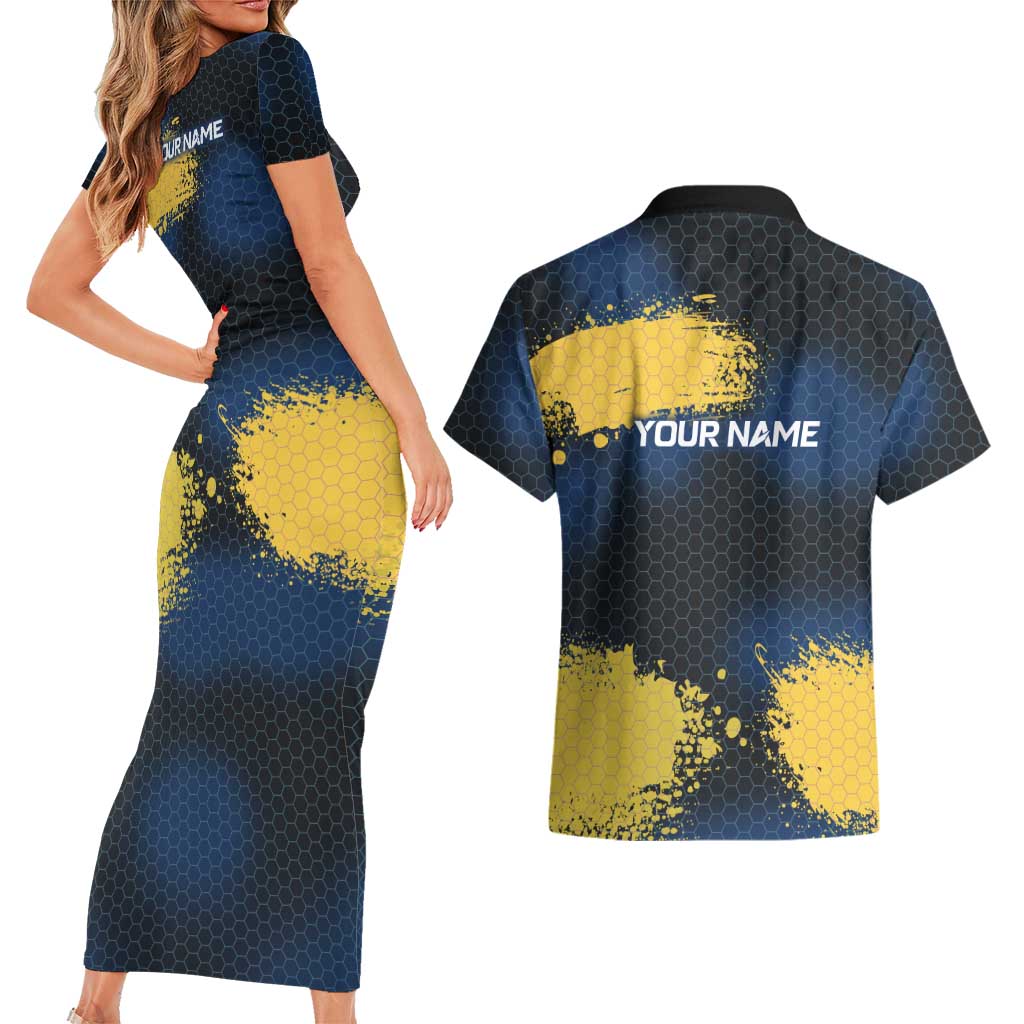 Custom Camo Redfish Couples Matching Short Sleeve Bodycon Dress and Hawaiian Shirt with Colorful Fish Design, Yellow Splatter Pattern - Wonder Print Shop