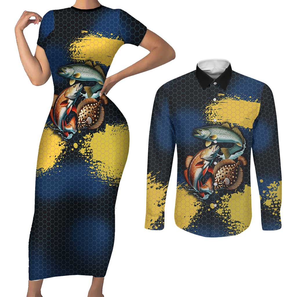 Custom Camo Redfish Couples Matching Short Sleeve Bodycon Dress and Long Sleeve Button Shirt with Colorful Fish Design, Yellow Splatter Pattern - Wonder Print Shop