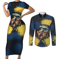 Custom Camo Redfish Couples Matching Short Sleeve Bodycon Dress and Long Sleeve Button Shirt with Colorful Fish Design, Yellow Splatter Pattern - Wonder Print Shop