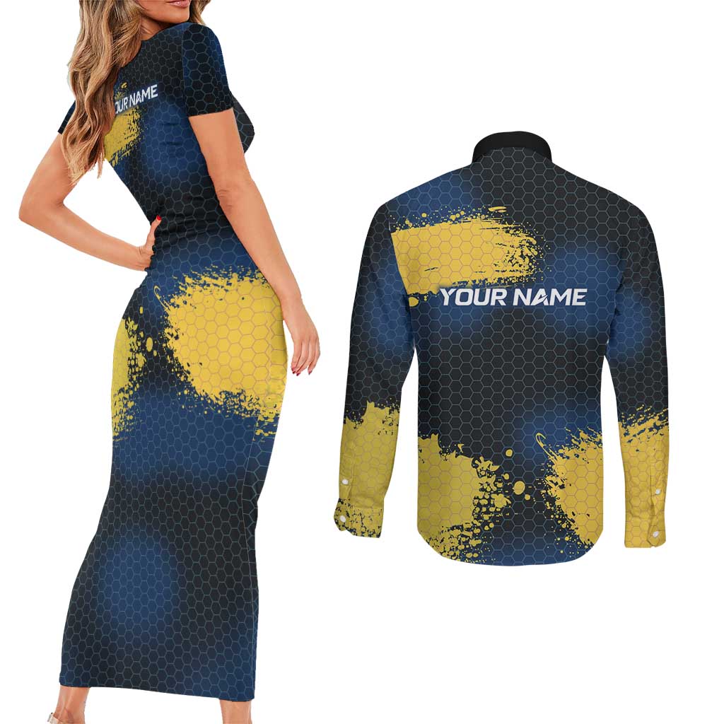 Custom Camo Redfish Couples Matching Short Sleeve Bodycon Dress and Long Sleeve Button Shirt with Colorful Fish Design, Yellow Splatter Pattern - Wonder Print Shop