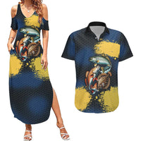 Custom Camo Redfish Couples Matching Summer Maxi Dress and Hawaiian Shirt with Colorful Fish Design, Yellow Splatter Pattern - Wonder Print Shop