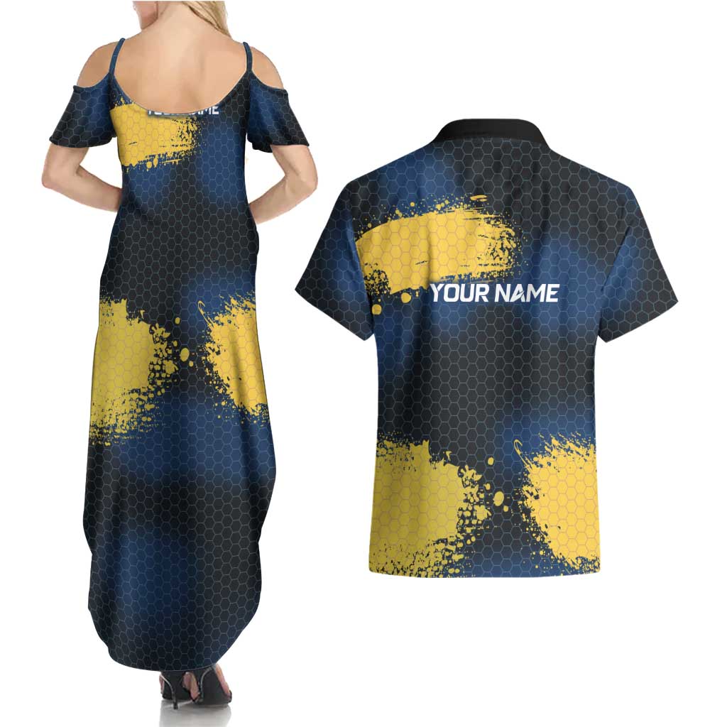 Custom Camo Redfish Couples Matching Summer Maxi Dress and Hawaiian Shirt with Colorful Fish Design, Yellow Splatter Pattern - Wonder Print Shop
