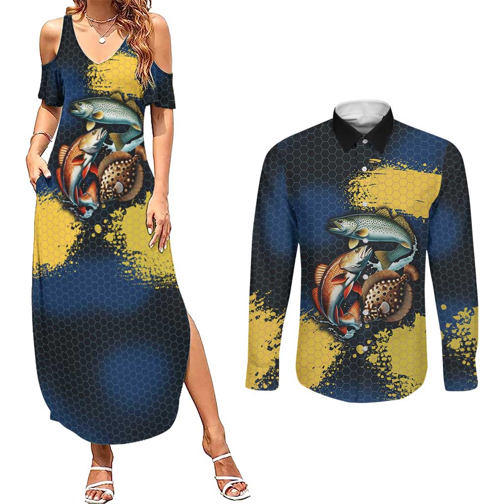 Custom Camo Redfish Couples Matching Summer Maxi Dress and Long Sleeve Button Shirt with Colorful Fish Design, Yellow Splatter Pattern - Wonder Print Shop